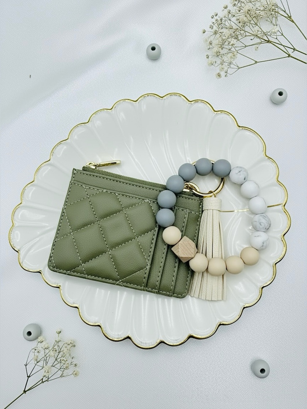 Sage Green Quilted Card Holder Wallet Wristlet Keychain Tassel